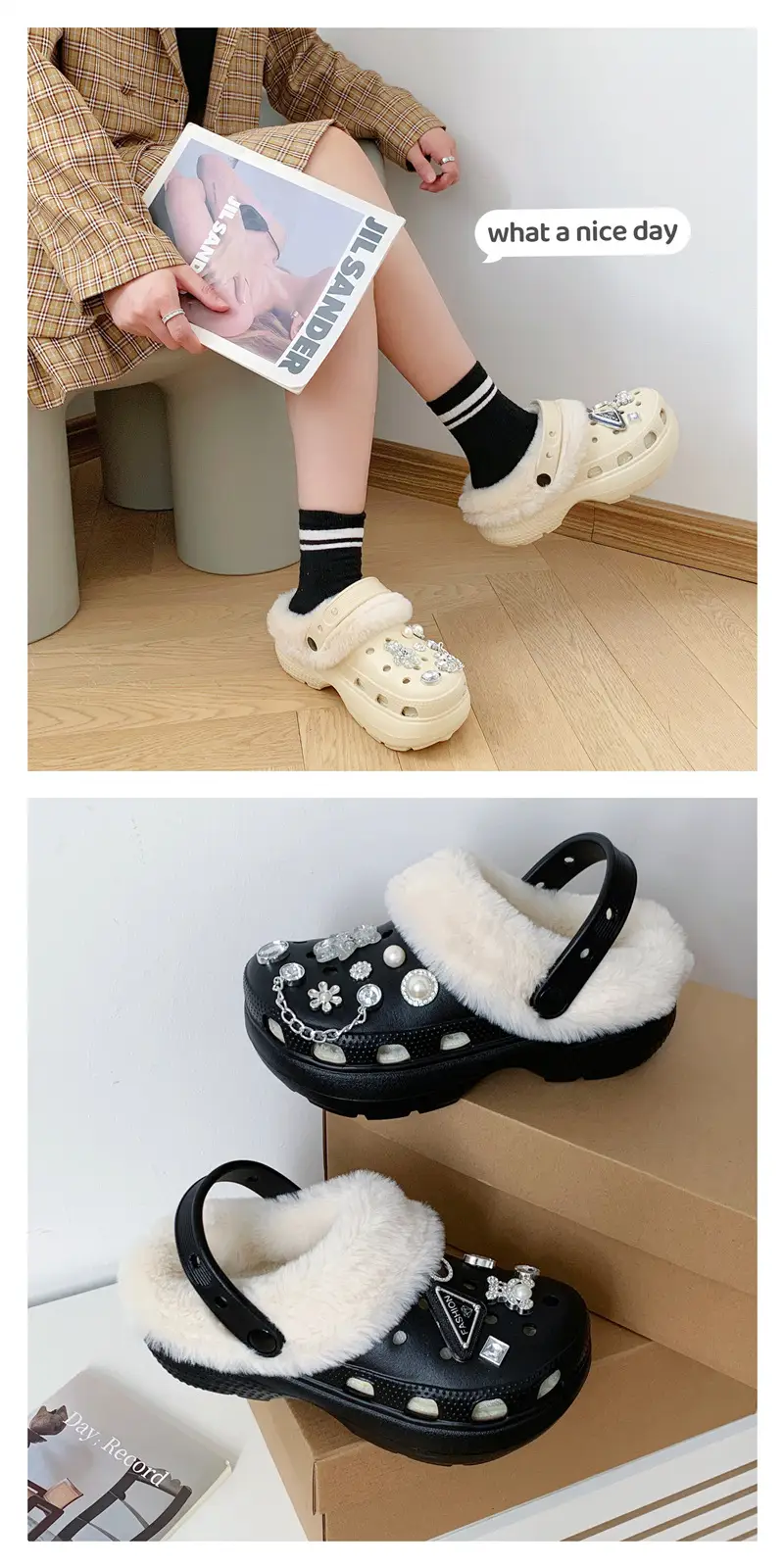Women's Fleece Lined Cotton Slippers White with Rhinestones — feature 7