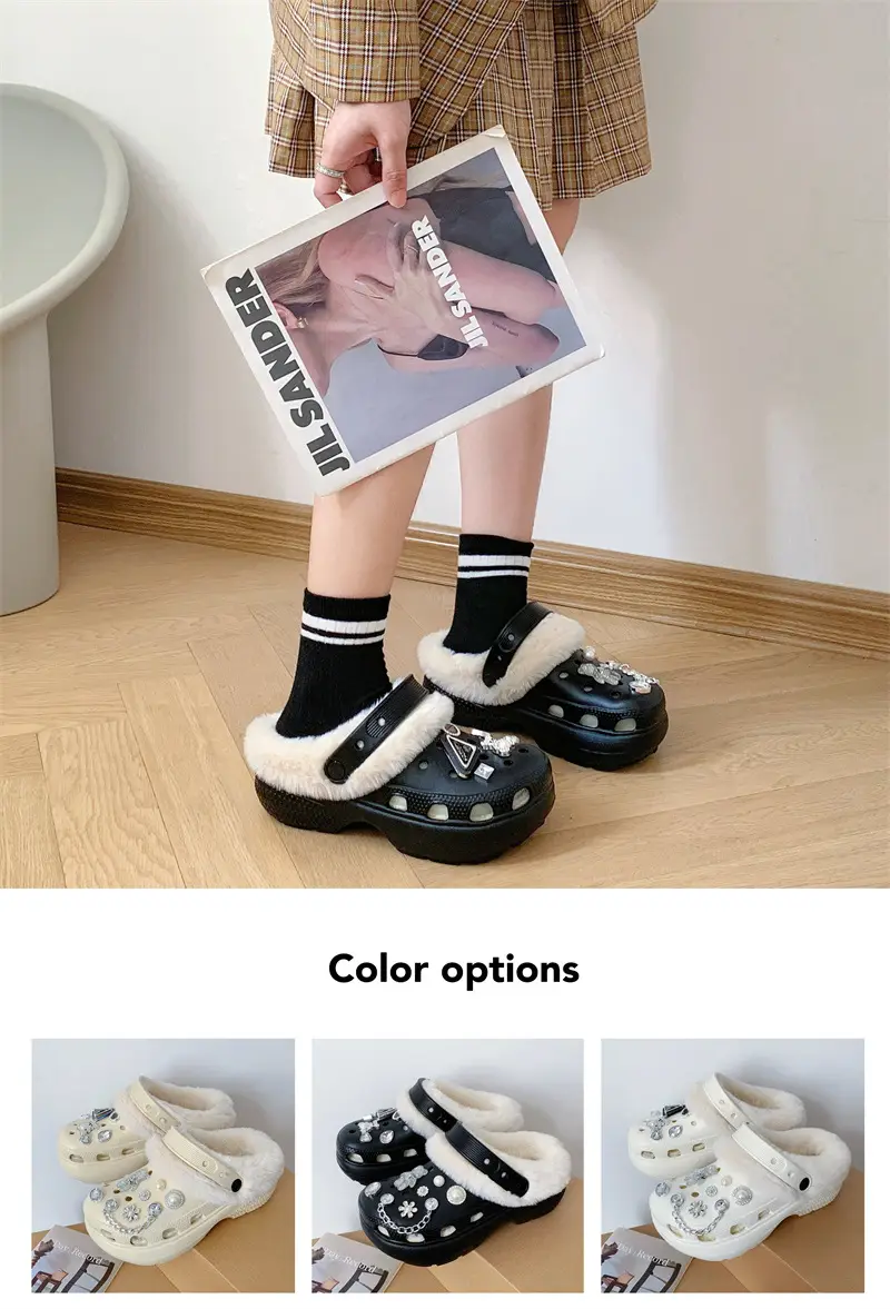 Women's Fleece Lined Cotton Slippers White with Rhinestones — feature 8