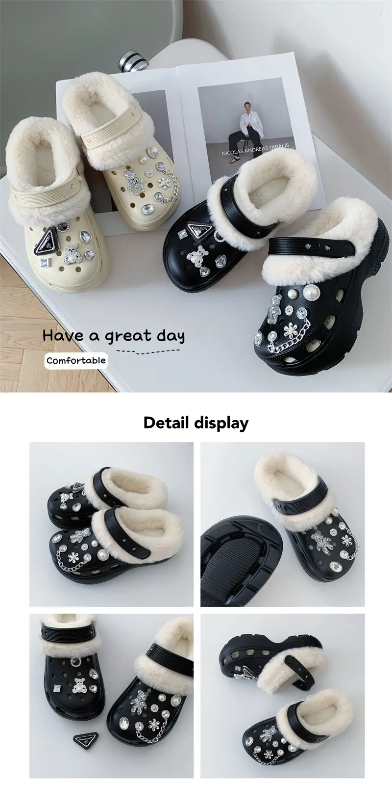 Women's Fleece Lined Cotton Slippers White with Rhinestones — feature 9
