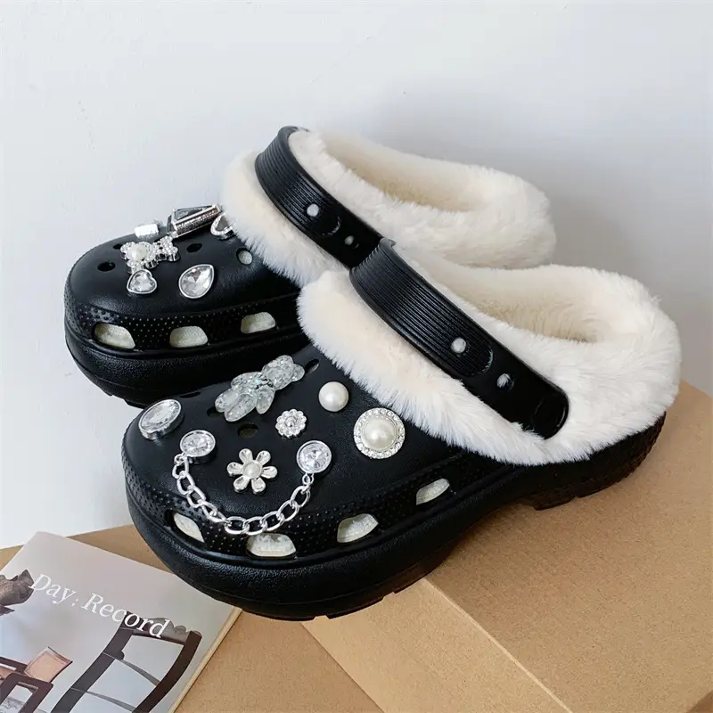 Women's Fleece Lined Cotton Slippers White with Rhinestones