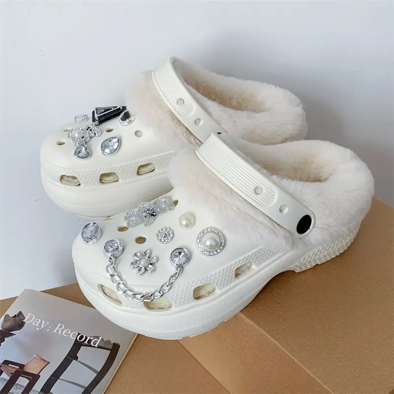 Women's Fleece Lined Cotton Slippers White with Rhinestones