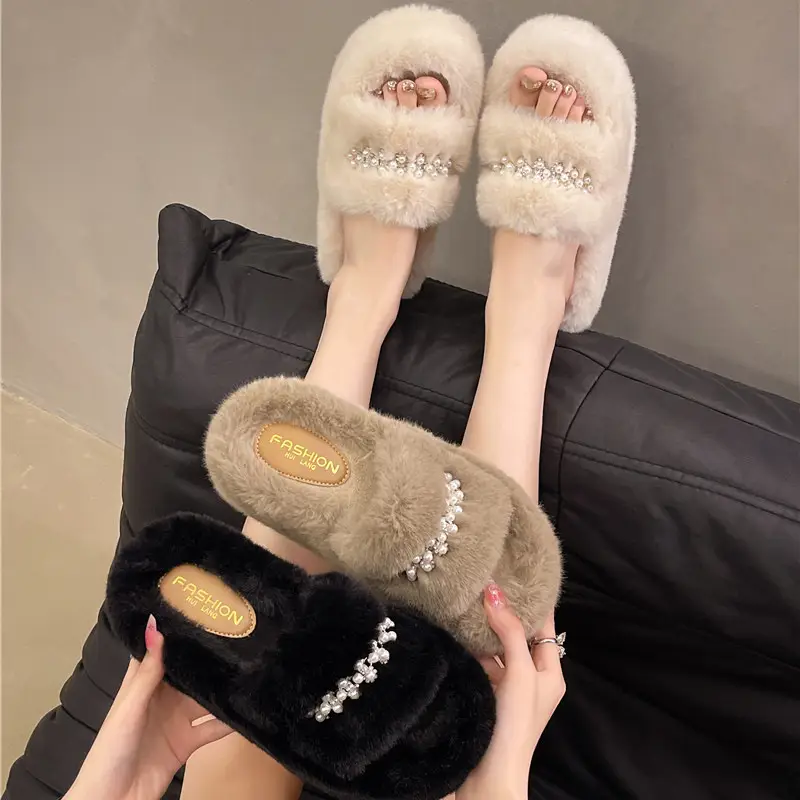 Foreign trade pearl 7CM thick-soled fluffy slippers outer wear 2024 new autumn and winter fairy wind plush cotton slippers women
