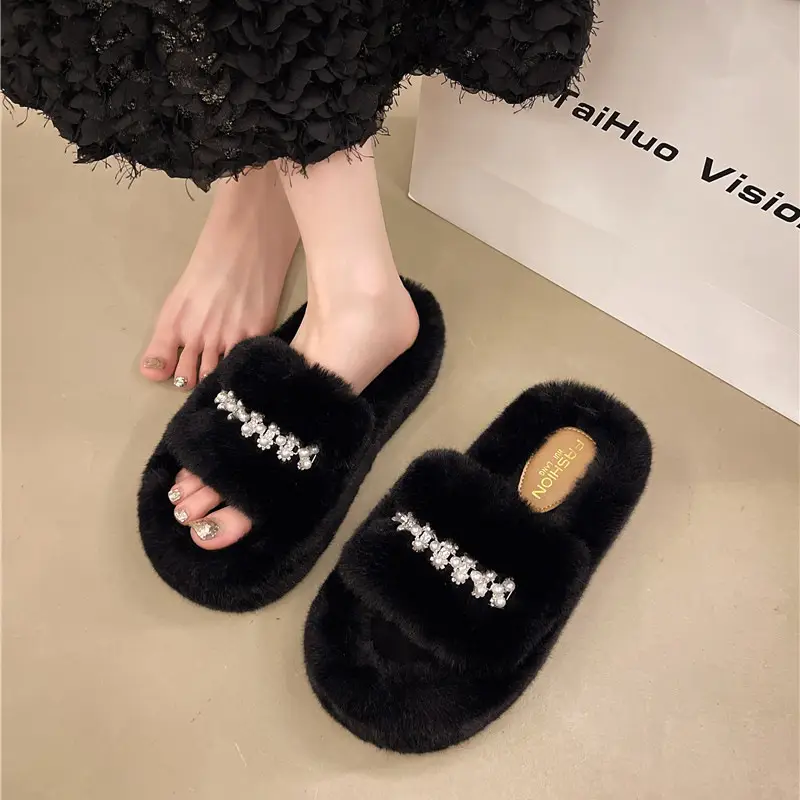 Foreign trade pearl 7CM thick-soled fluffy slippers outer wear 2024 new autumn and winter fairy wind plush cotton slippers women