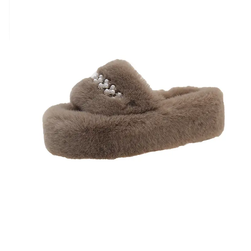 Foreign trade pearl 7CM thick-soled fluffy slippers outer wear 2024 new autumn and winter fairy wind plush cotton slippers women