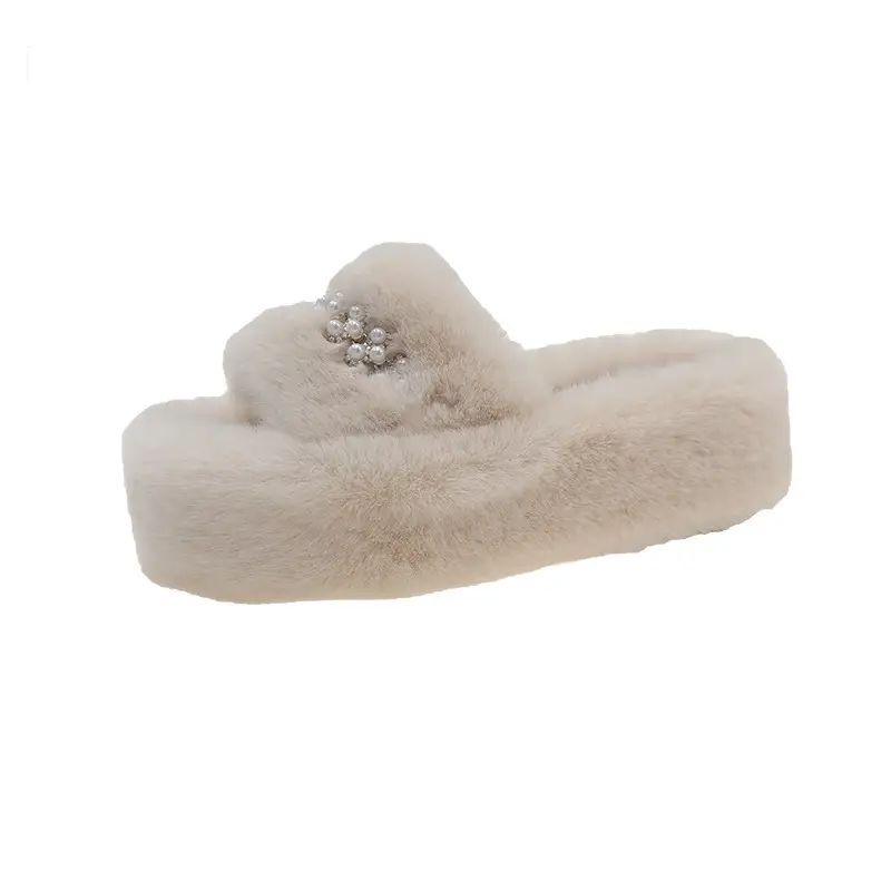 Foreign trade pearl 7CM thick-soled fluffy slippers outer wear 2024 new autumn and winter fairy wind plush cotton slippers women
