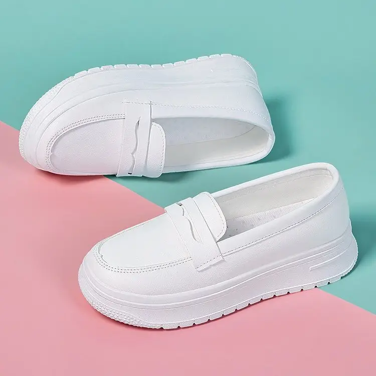 All White Medical Nurses Shoes Women's Soft-soled Breathable Thick-soled Non-slip Long-standing Non-tiring Leather White Shoes for Work - Image 2