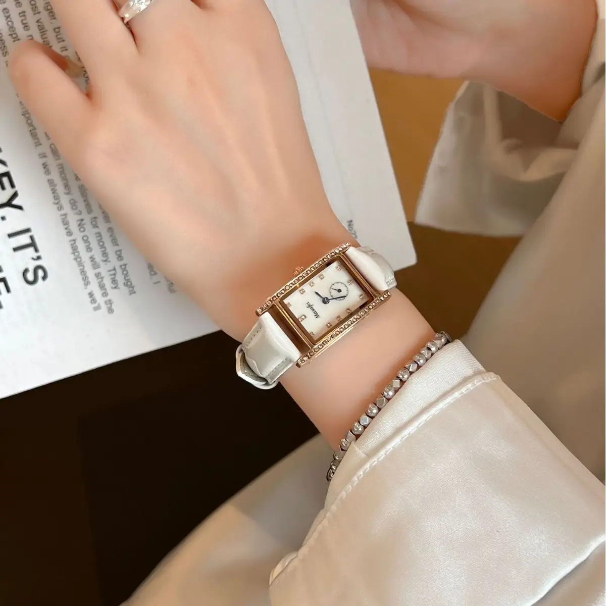 Women's Square Watch with Diamond Bezel & Quartz Movement - Image 5