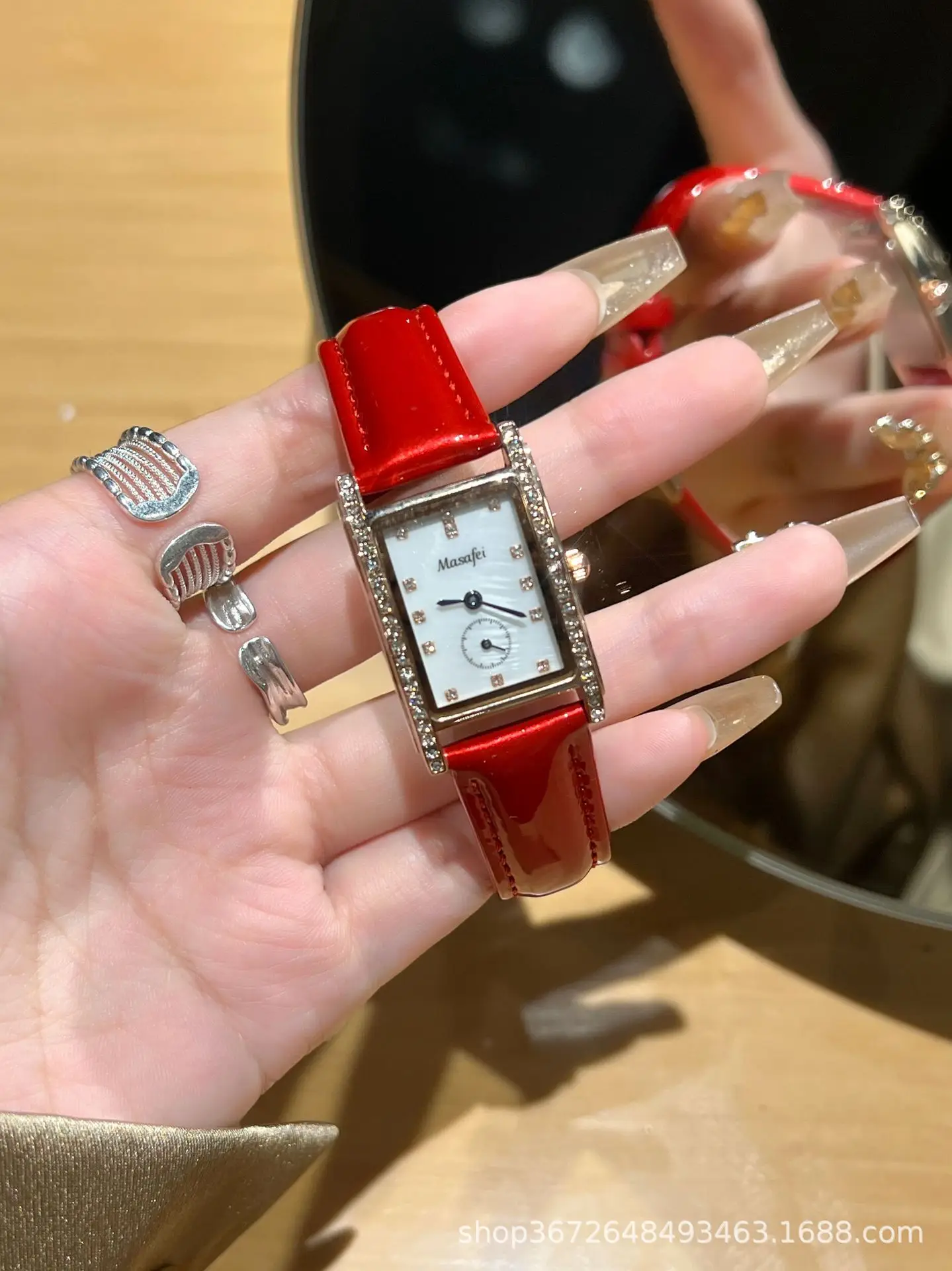 Women's Square Watch with Diamond Bezel & Quartz Movement - Image 2