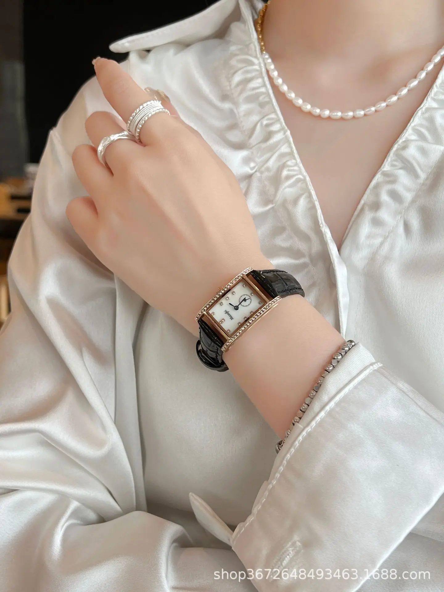Women's Square Watch with Diamond Bezel & Quartz Movement - Image 4