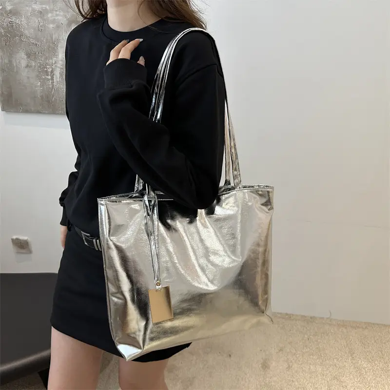 Women's 2024 Textured Shoulder Tote Bag Silver Large Capacity
