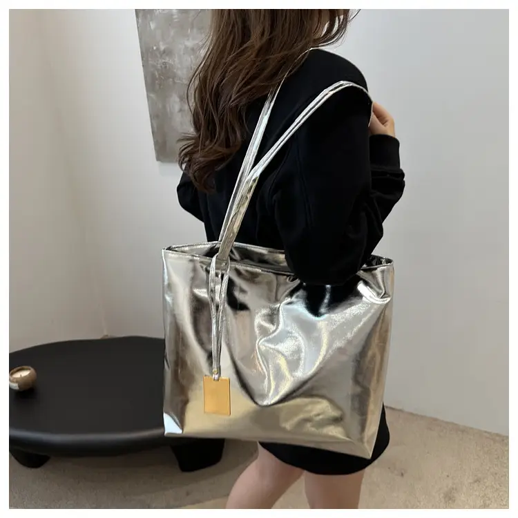 Women's 2024 Textured Shoulder Tote Bag Silver Large Capacity — feature 14