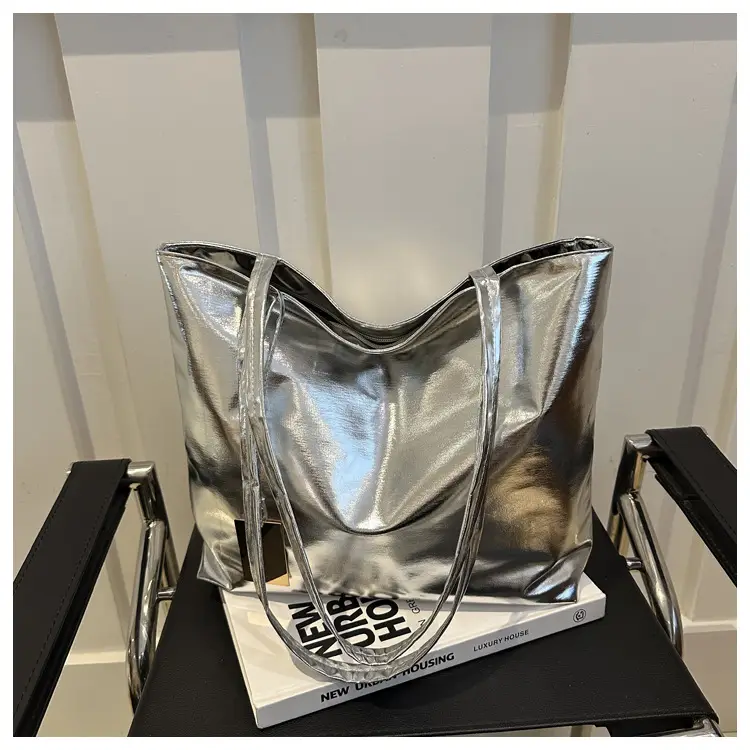 Women's 2024 Textured Shoulder Tote Bag Silver Large Capacity — feature 9