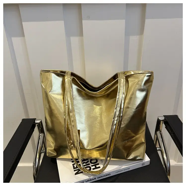 Women's 2024 Textured Shoulder Tote Bag Silver Large Capacity