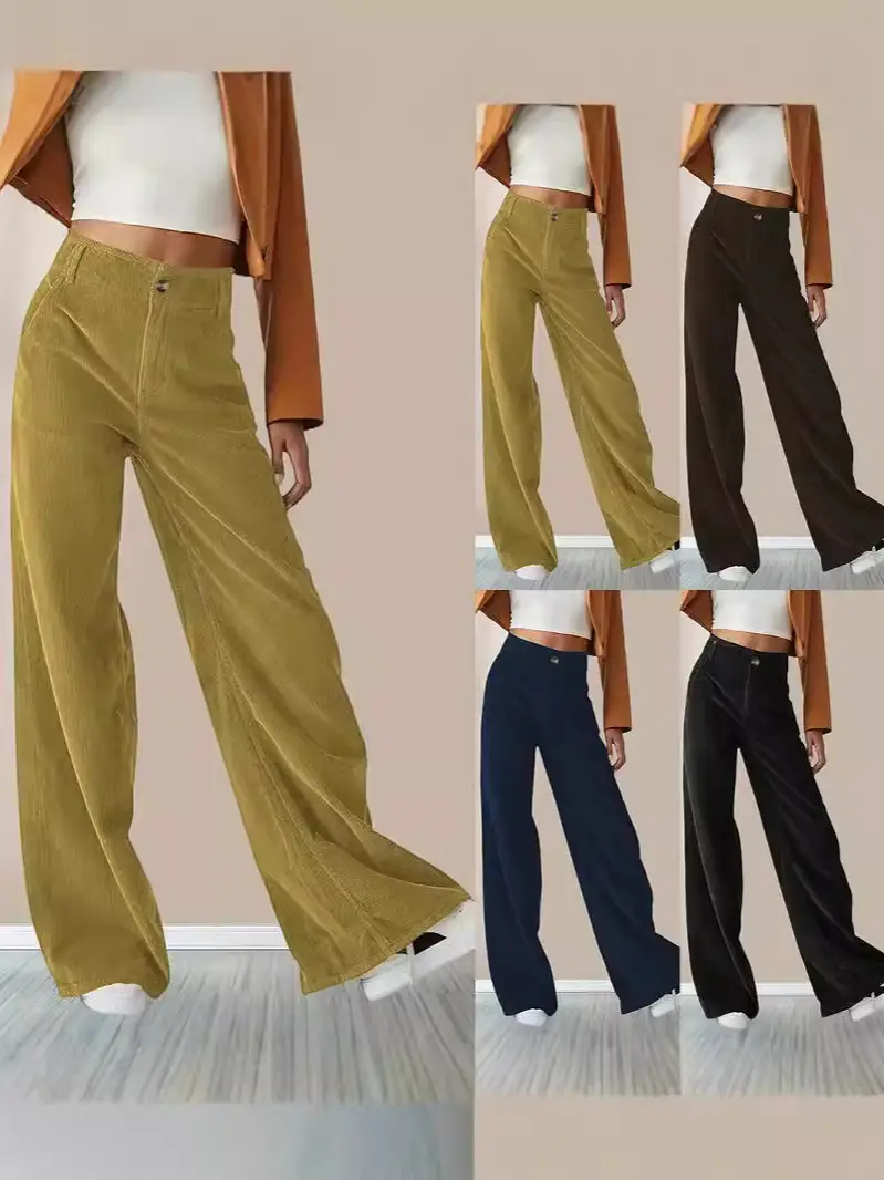 Corduroy High Waist Slim Fit Pants Women Brown - Image 5