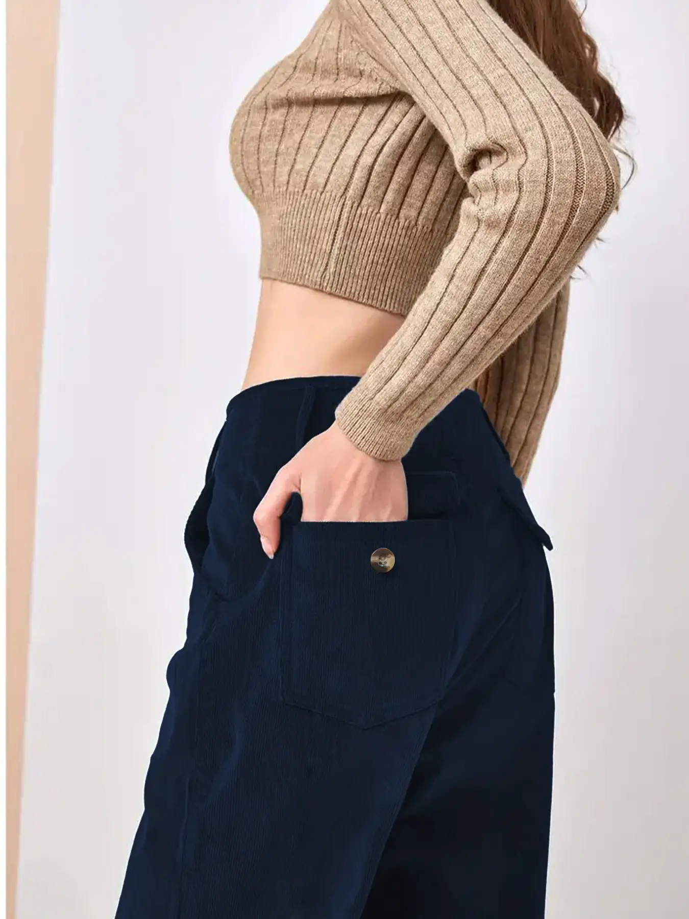 Corduroy High Waist Slim Fit Pants Women Brown - Image 6