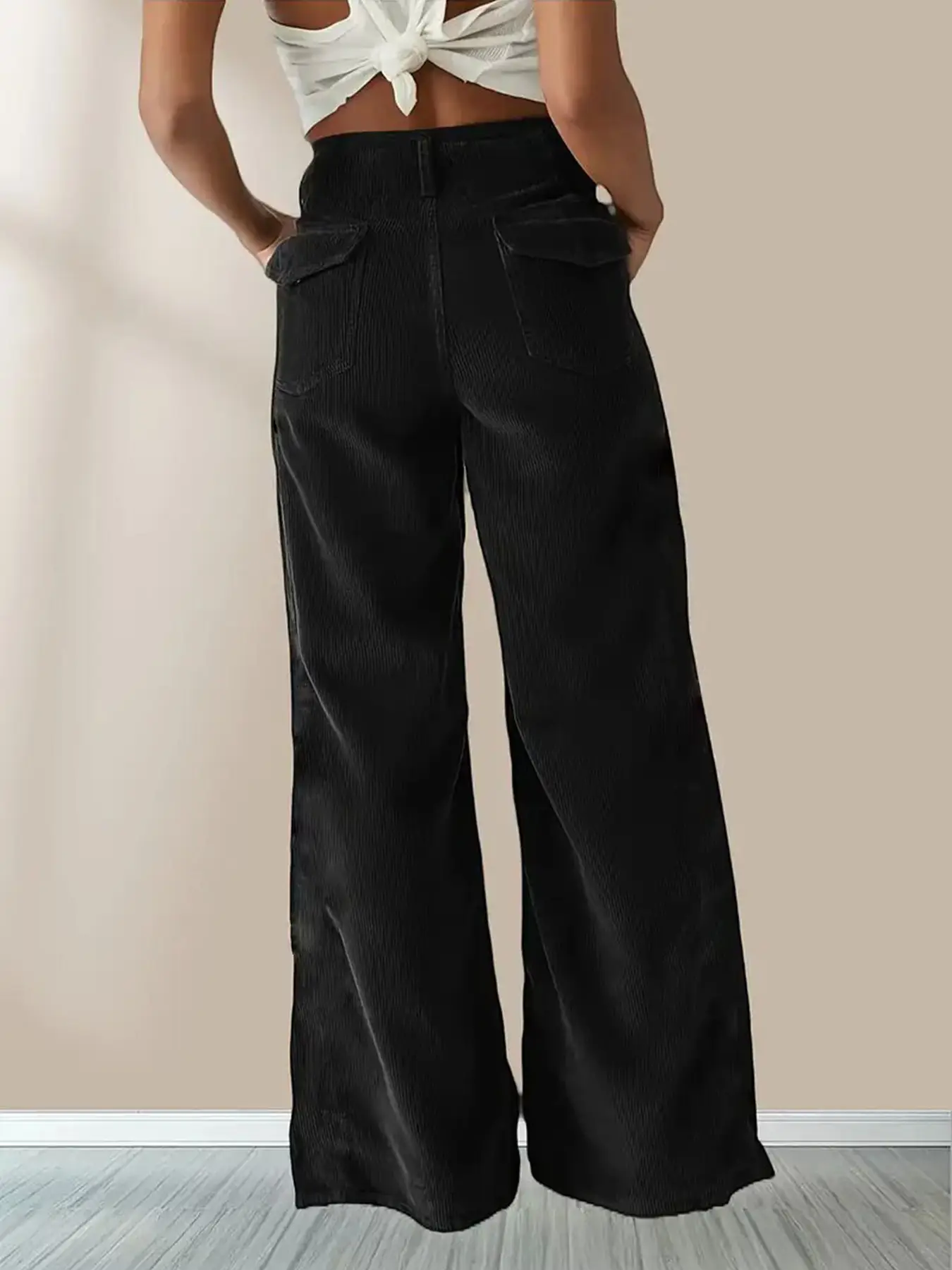 Corduroy High Waist Slim Fit Pants Women Brown - Image 8