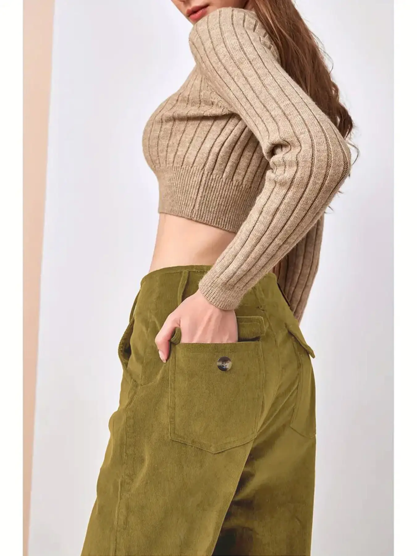 Corduroy High Waist Slim Fit Pants Women Brown - Image 9
