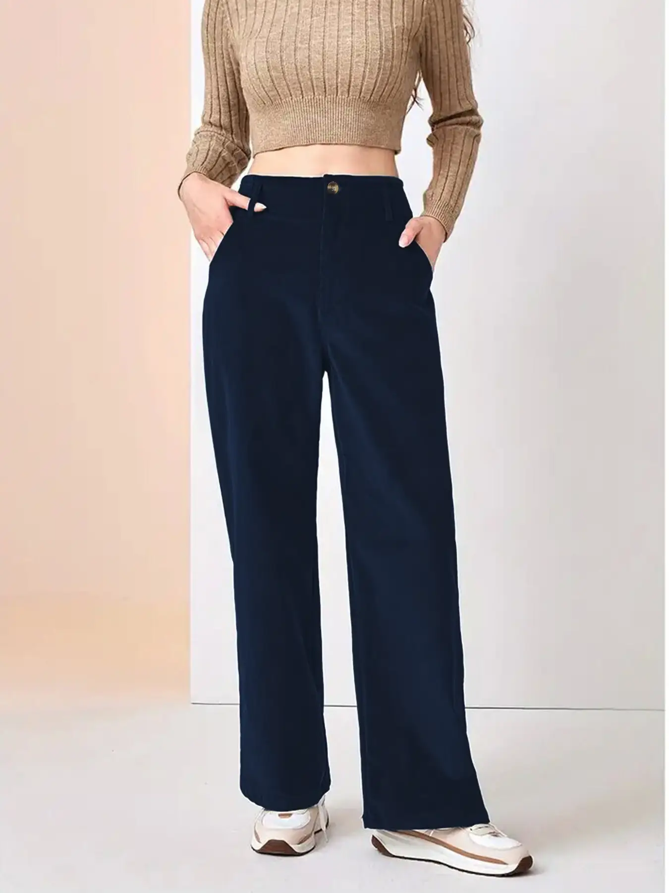 Corduroy High Waist Slim Fit Pants Women Brown — feature 21