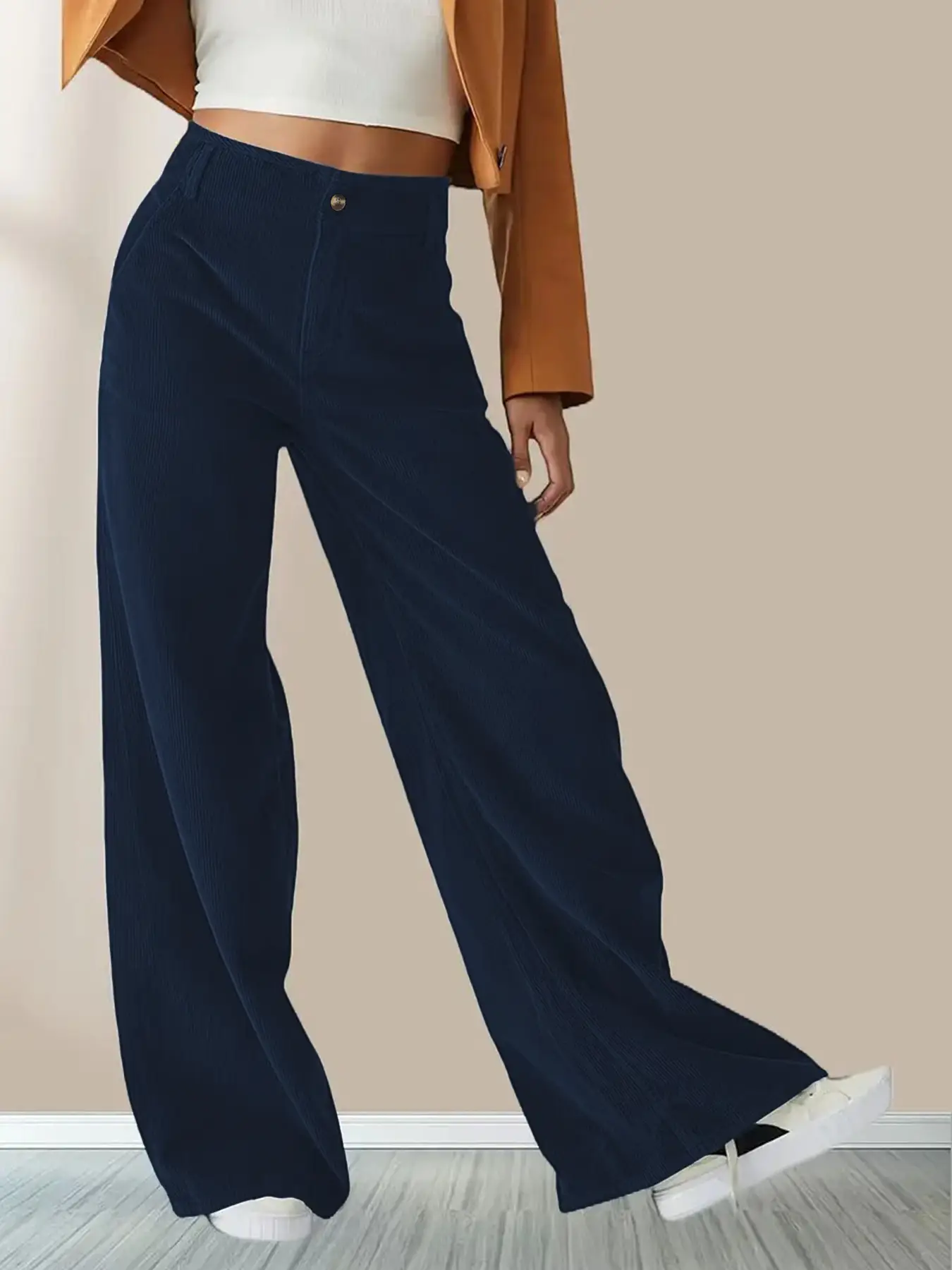 Corduroy High Waist Slim Fit Pants Women Brown — feature 23