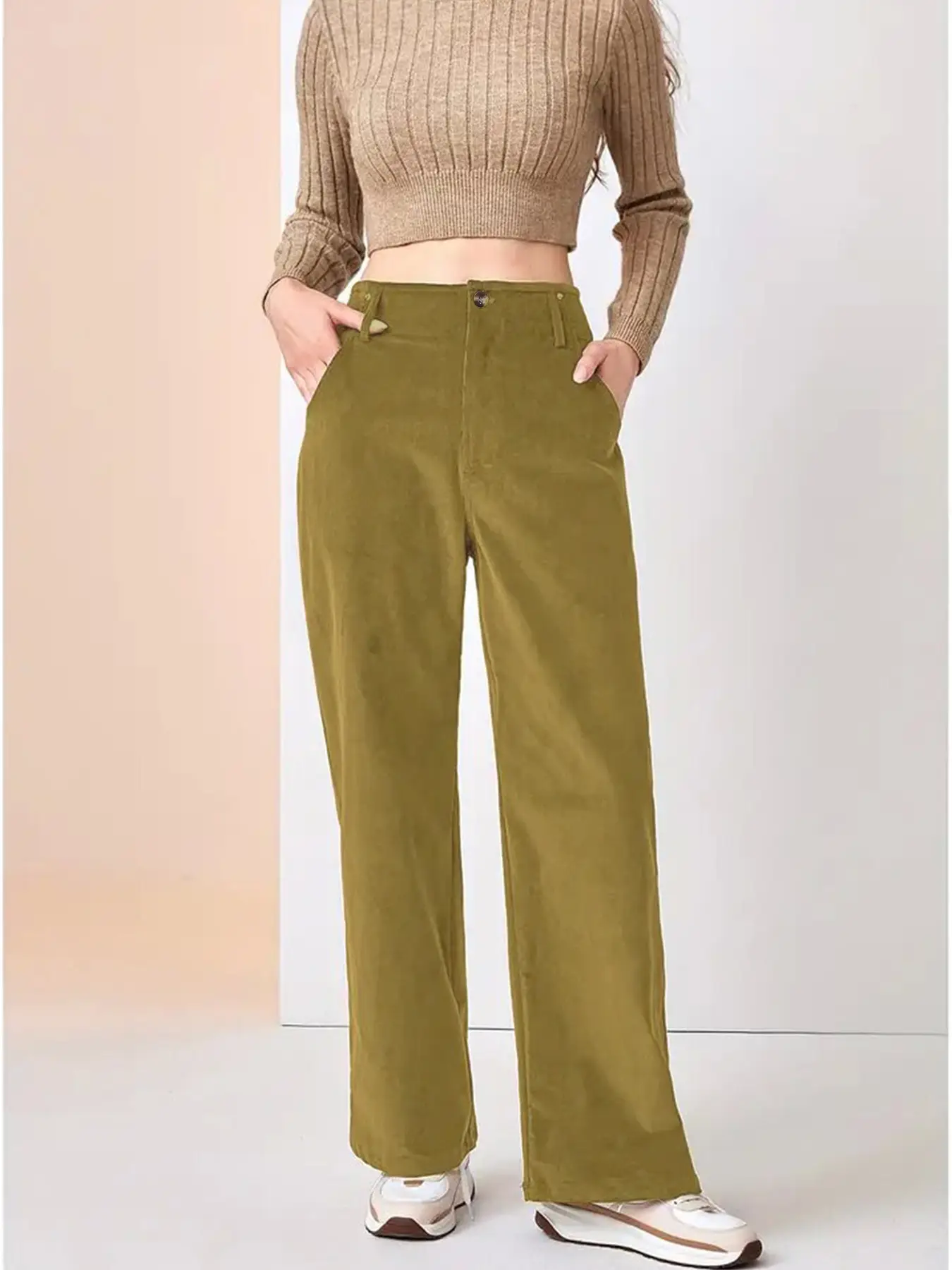 Corduroy High Waist Slim Fit Pants Women Brown — feature 25