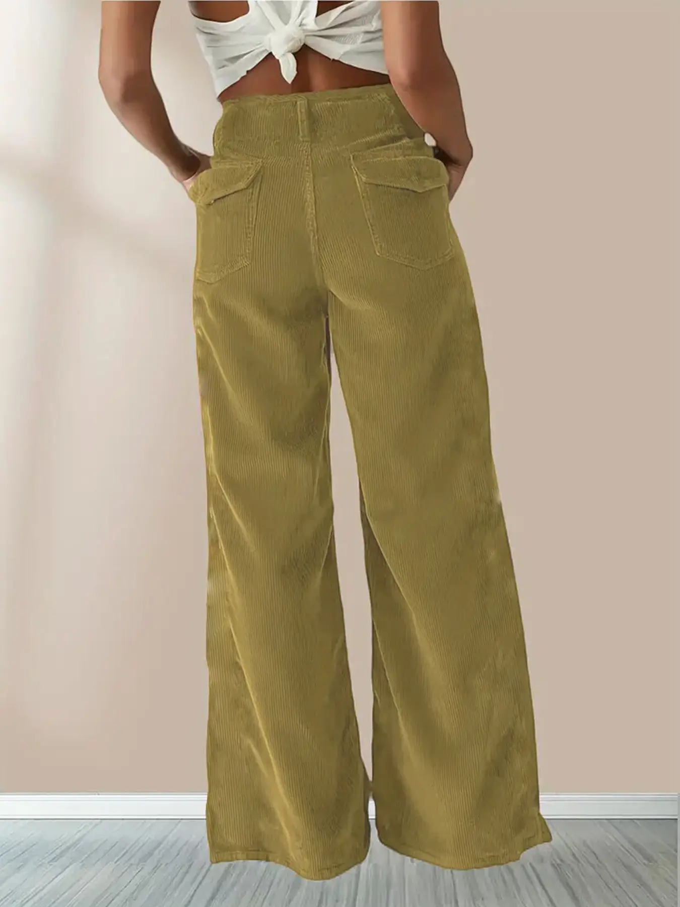 Corduroy High Waist Slim Fit Pants Women Brown — feature 26