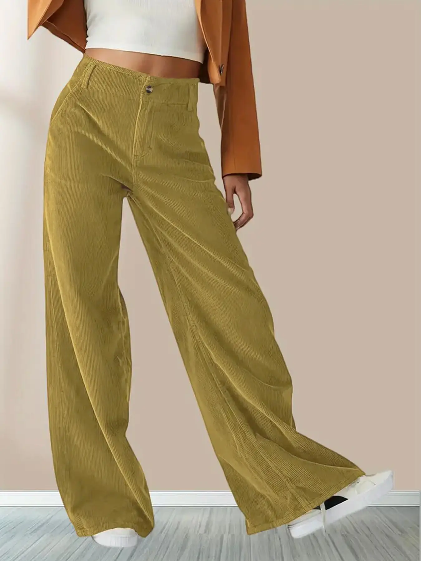 Corduroy High Waist Slim Fit Pants Women Brown — feature 27