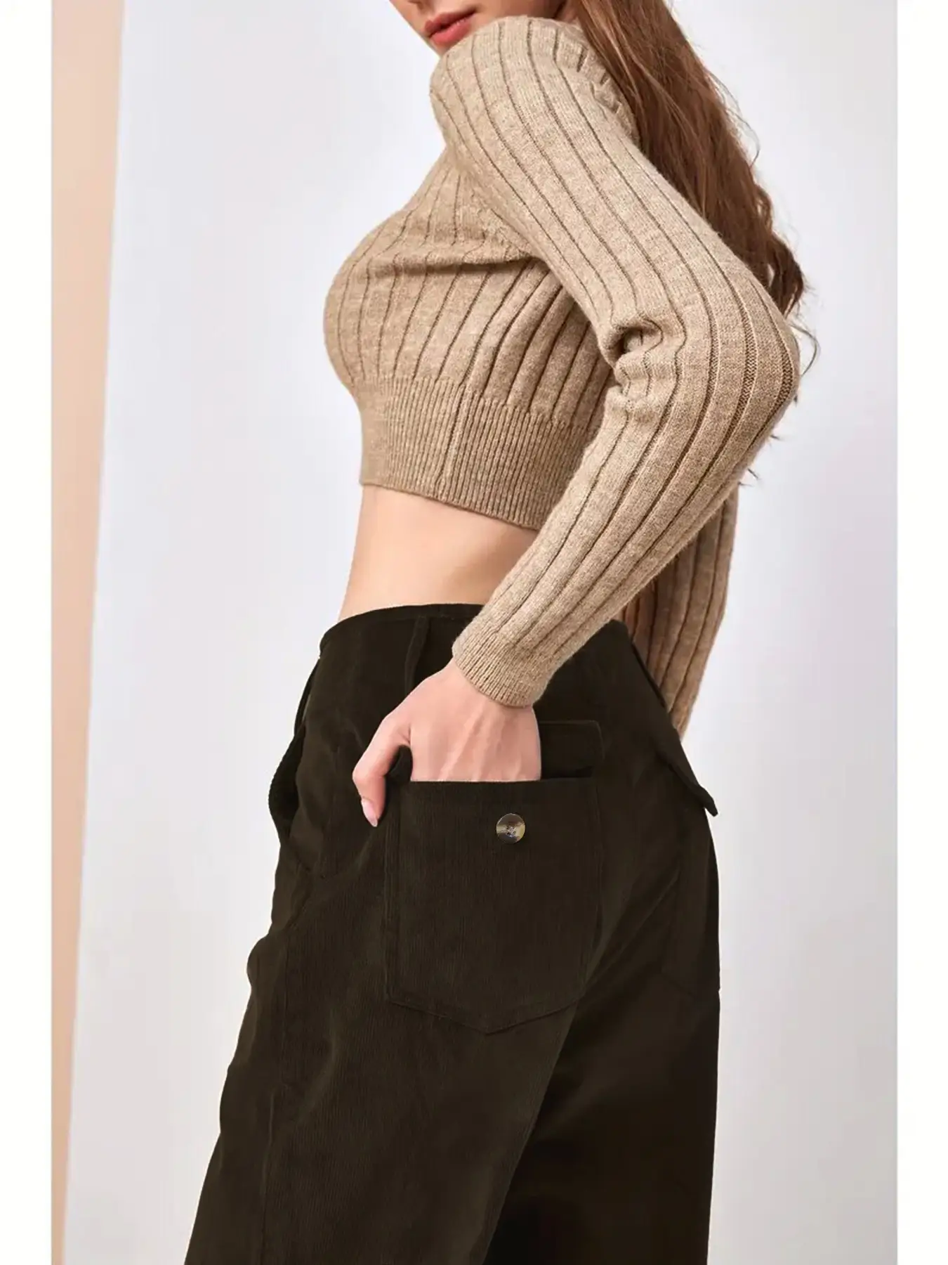Corduroy High Waist Slim Fit Pants Women Brown — feature 28
