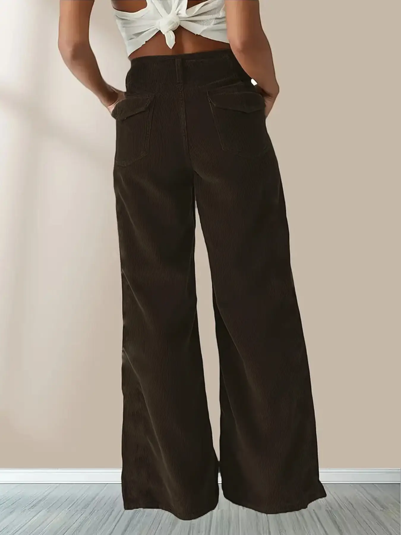 Corduroy High Waist Slim Fit Pants Women Brown — feature 29