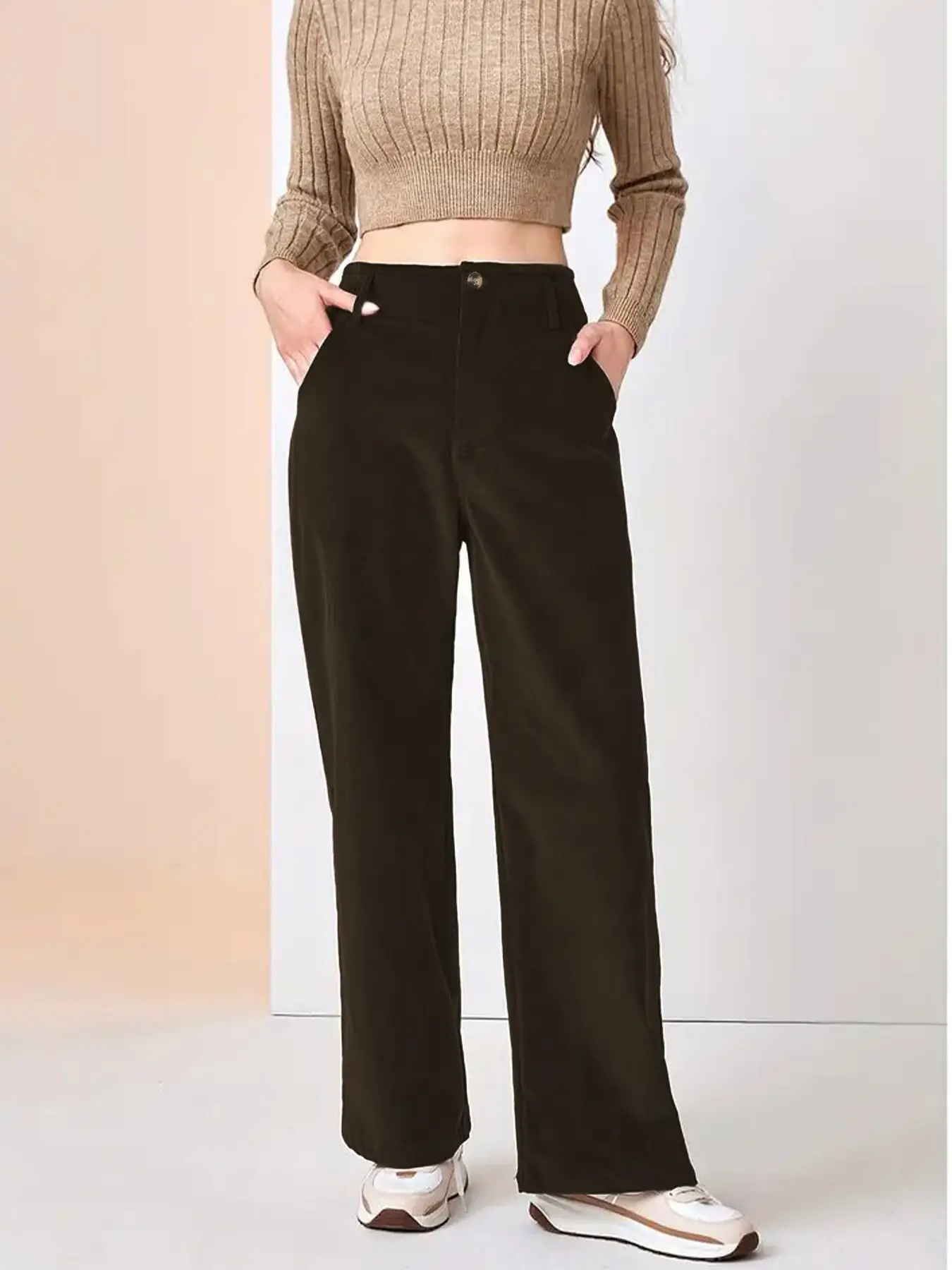 Corduroy High Waist Slim Fit Pants Women Brown — feature 30