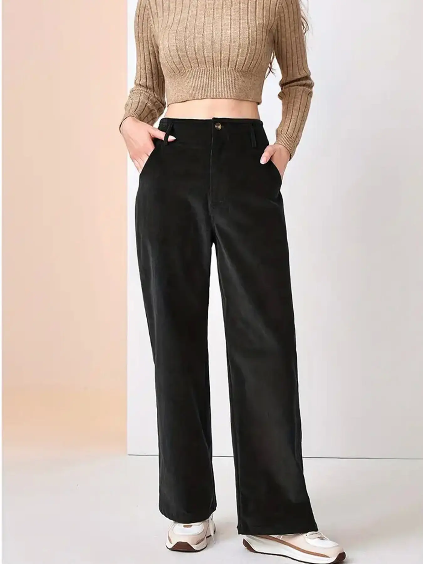 Corduroy High Waist Slim Fit Pants Women Brown — feature 35