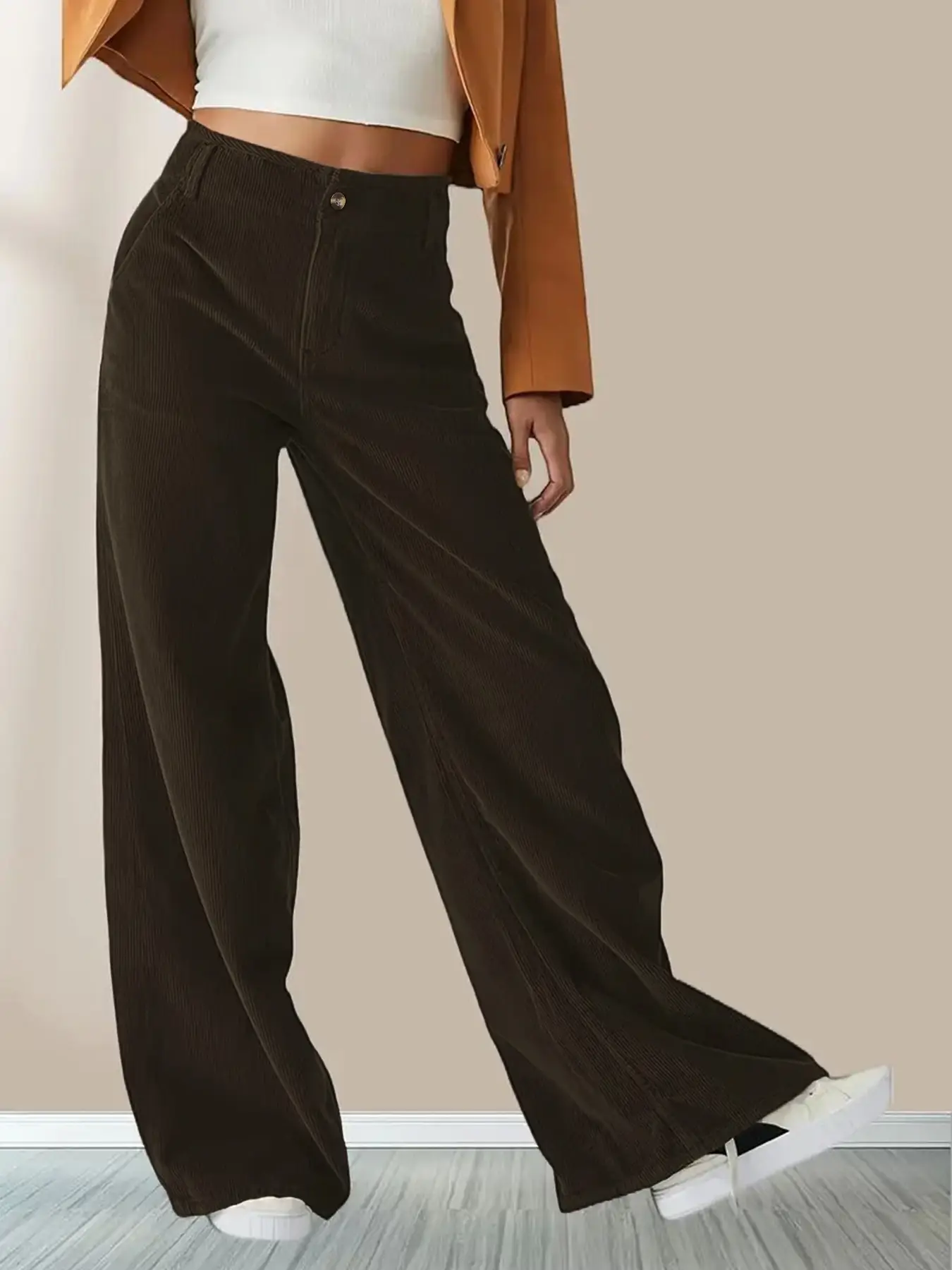 Corduroy High Waist Slim Fit Pants Women Brown - Image 3