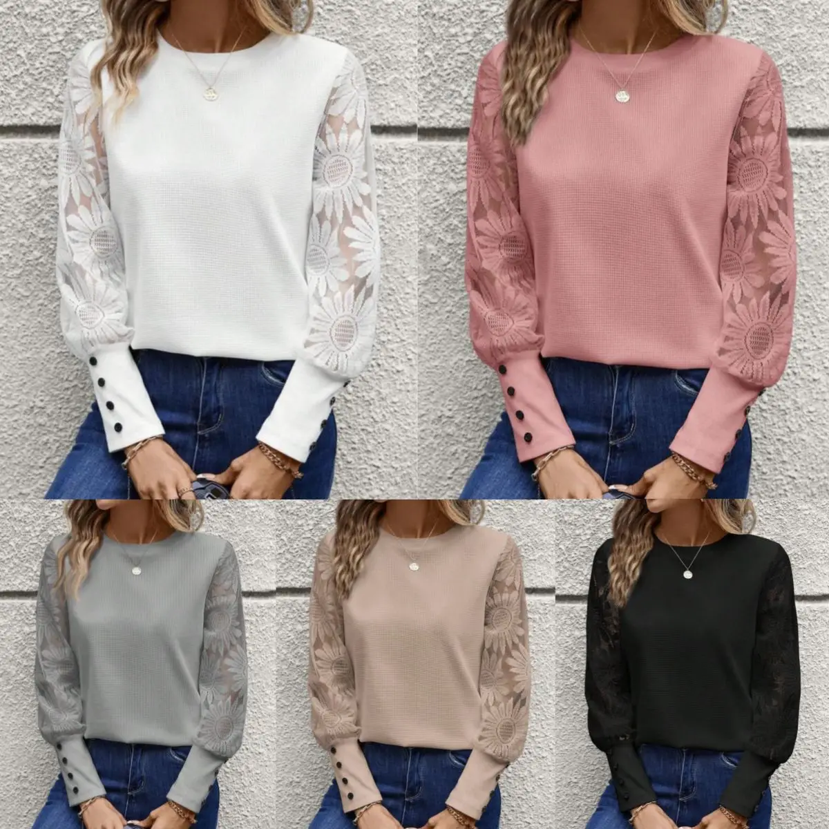 Pink Embroidered Long Sleeve Waffle Top for Women - Image 5