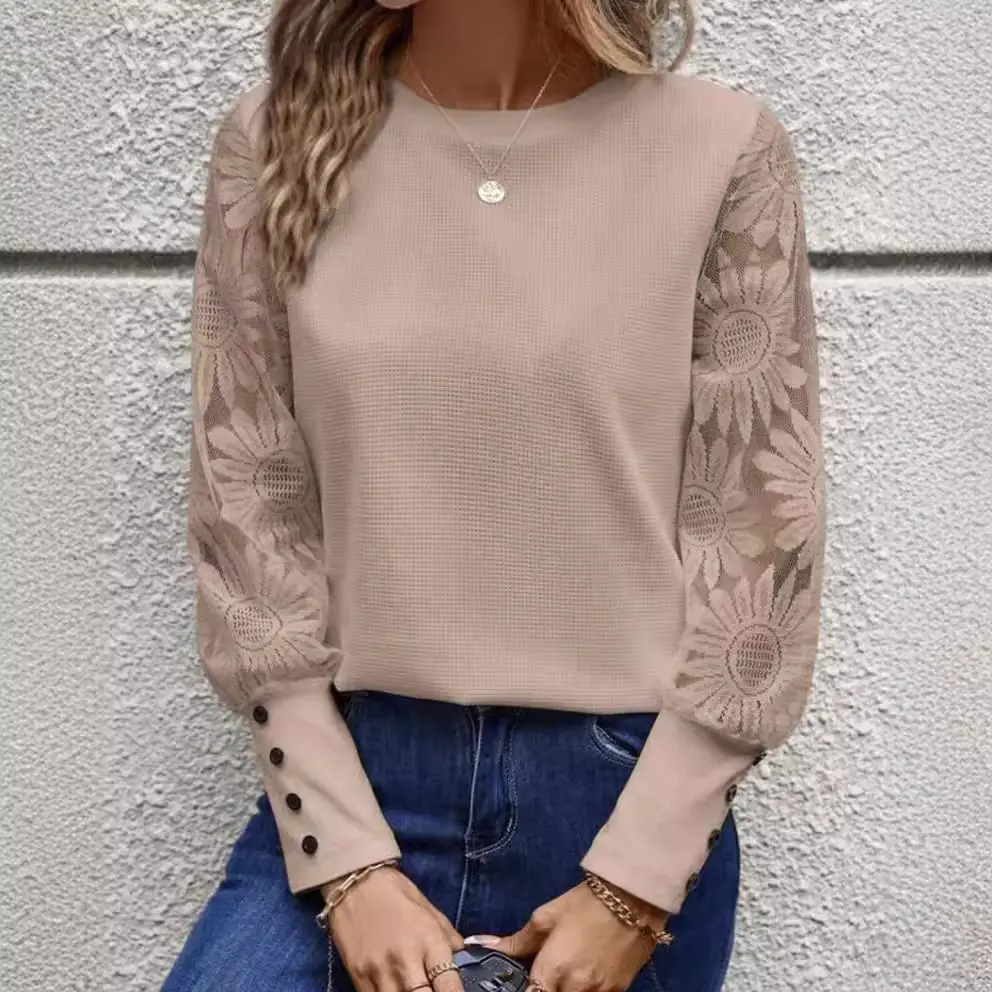 Pink Embroidered Long Sleeve Waffle Top for Women - Image 7