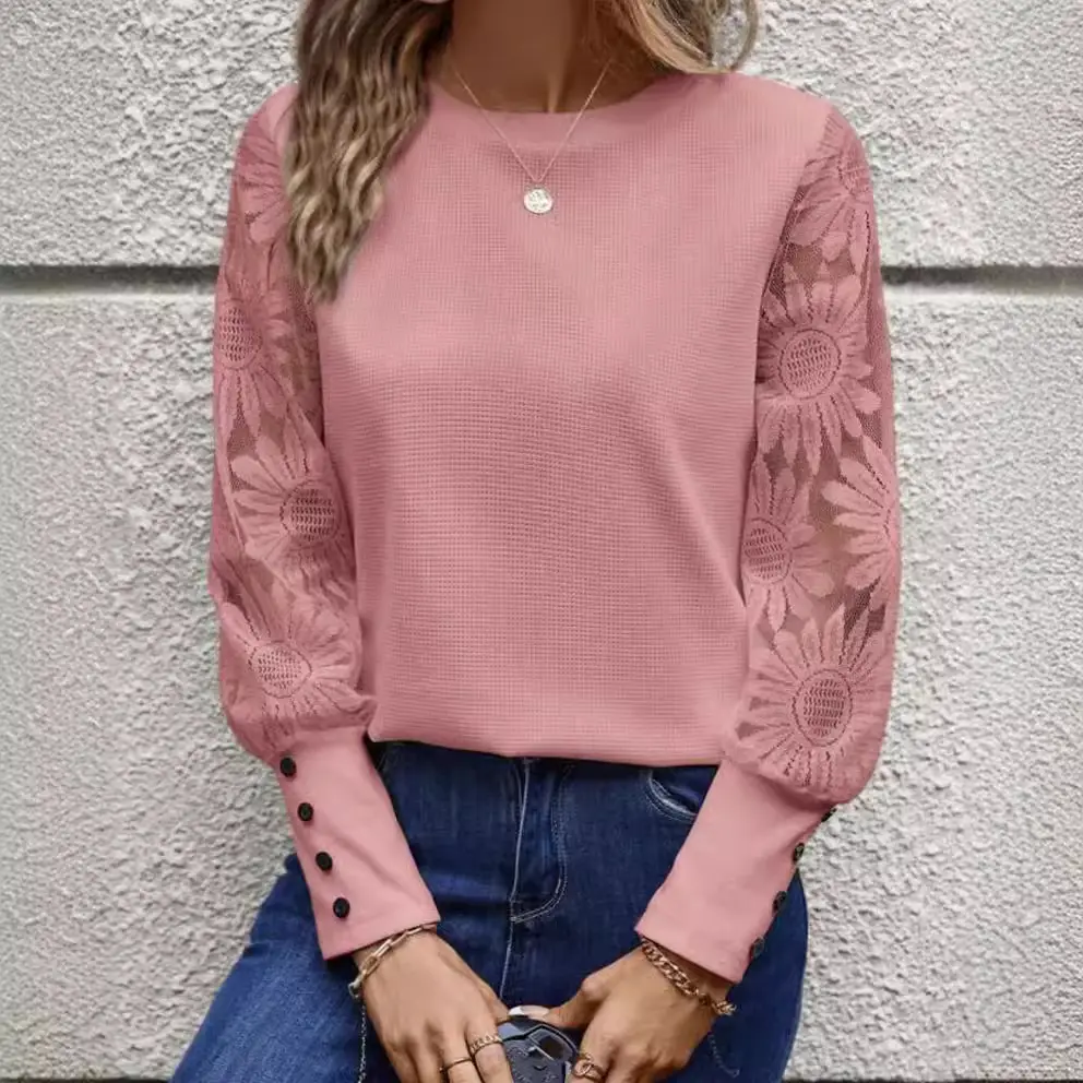Pink Embroidered Long Sleeve Waffle Top for Women - Image 8