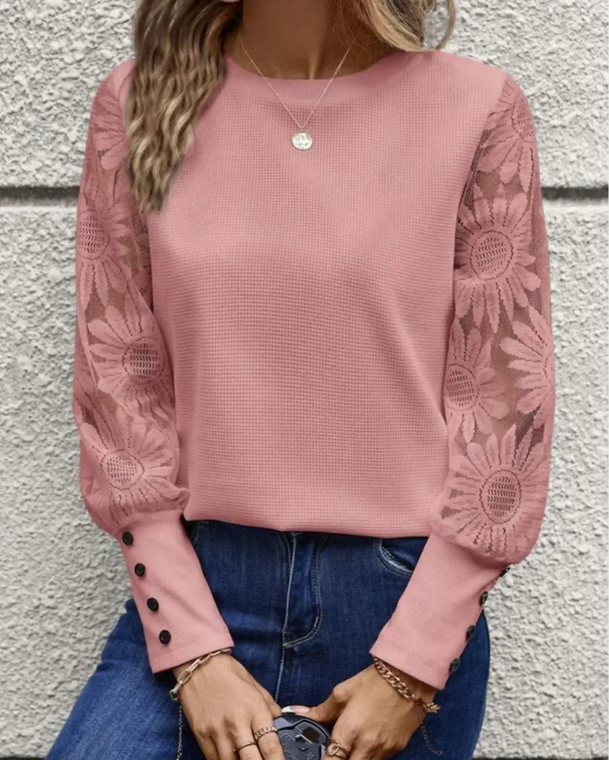 Pink Embroidered Long Sleeve Waffle Top for Women — feature 4