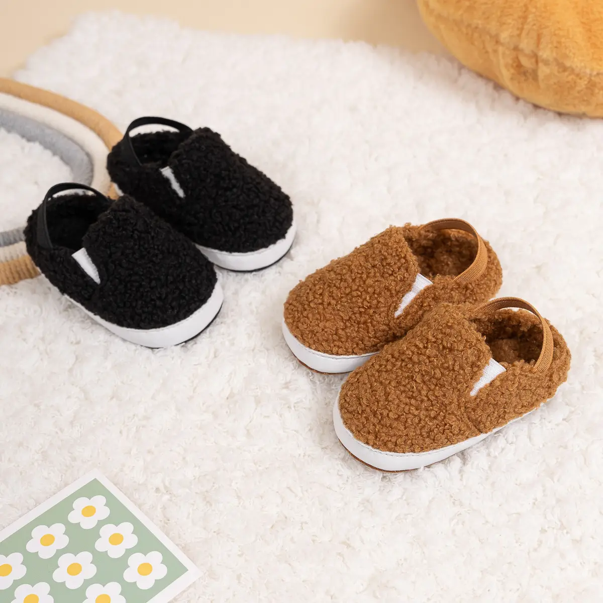 Warm Brown Fleece Baby Slippers for Toddlers
