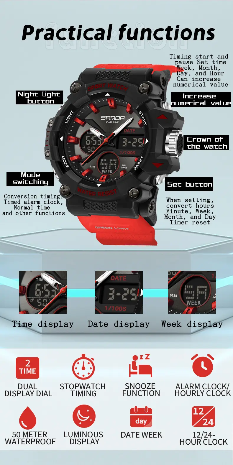 Sanda Sport Watch Orange Water Resistant Digital Display — feature 29