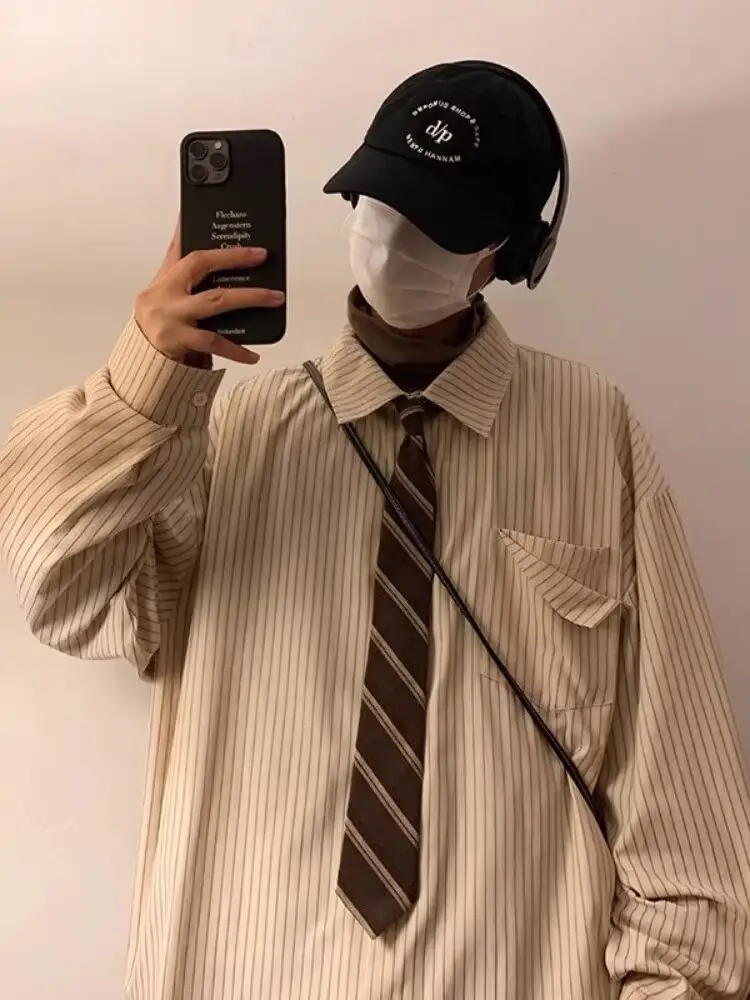 Men's Khaki Striped Japanese Style Shirt with Retro Jacket
