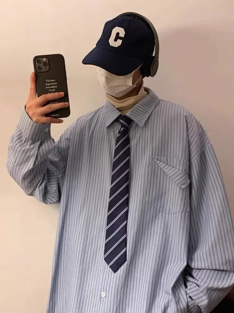 Men's Khaki Striped Japanese Style Shirt with Retro Jacket