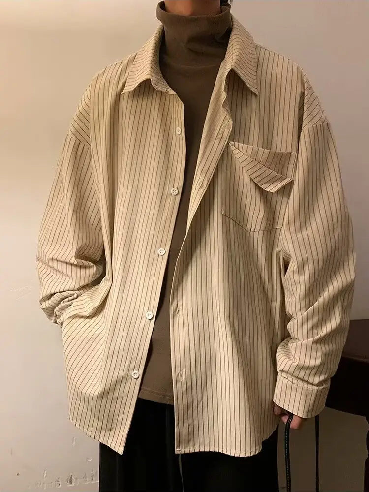 Men's Khaki Striped Japanese Style Shirt with Retro Jacket