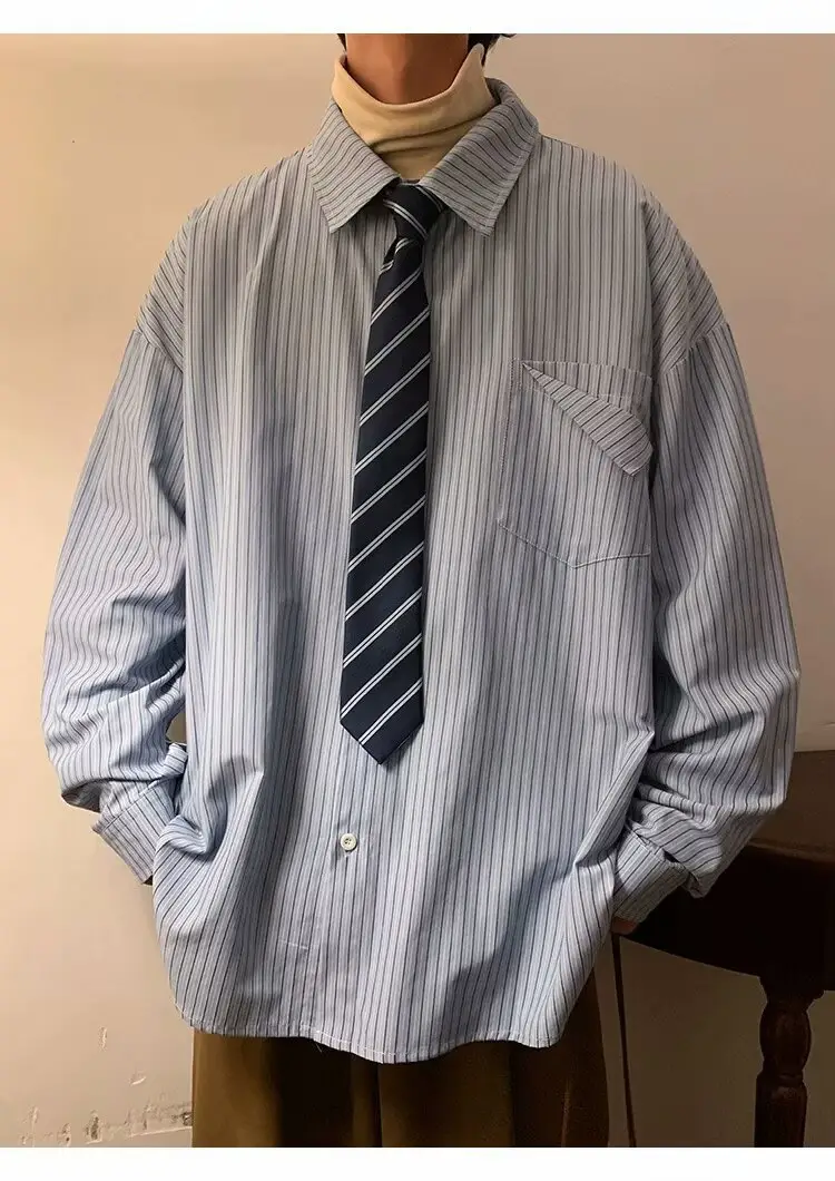 Men's Khaki Striped Japanese Style Shirt with Retro Jacket — feature 10