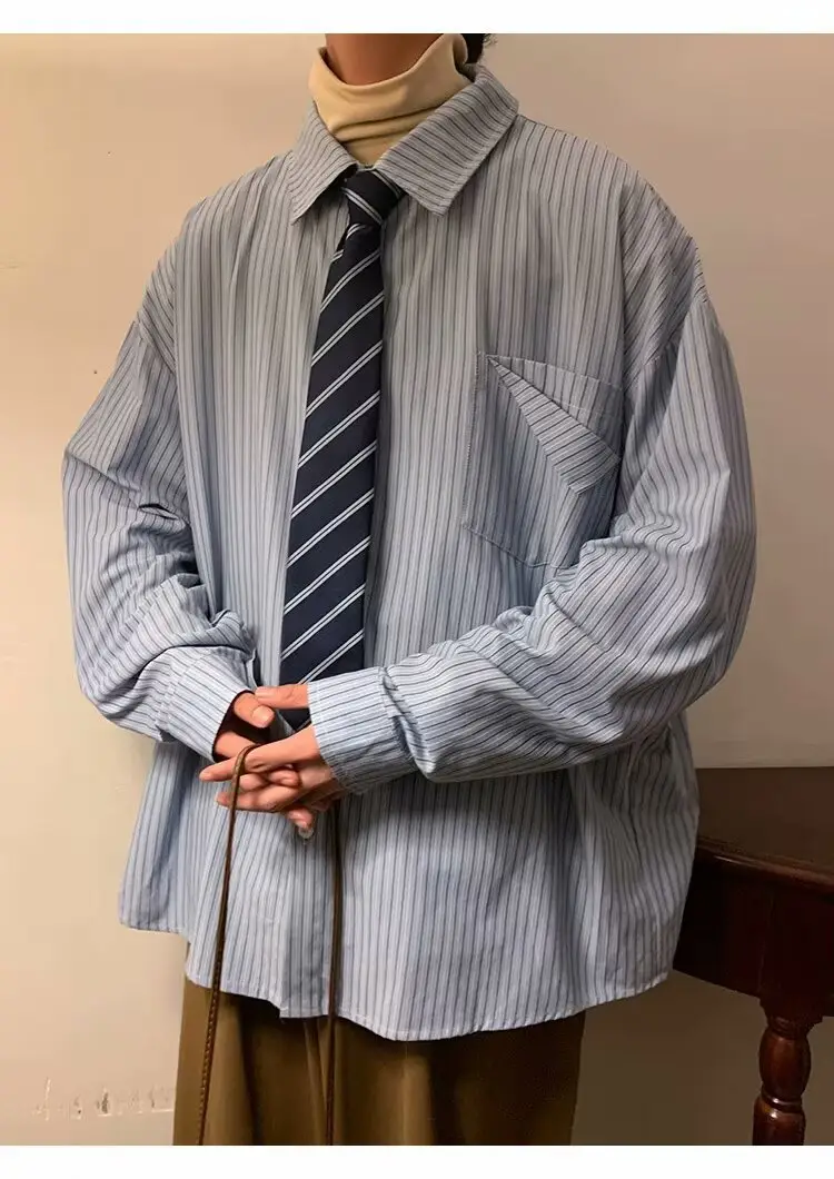 Men's Khaki Striped Japanese Style Shirt with Retro Jacket — feature 11