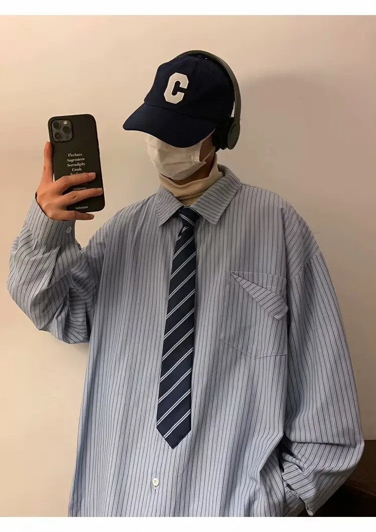 Men's Khaki Striped Japanese Style Shirt with Retro Jacket — feature 12