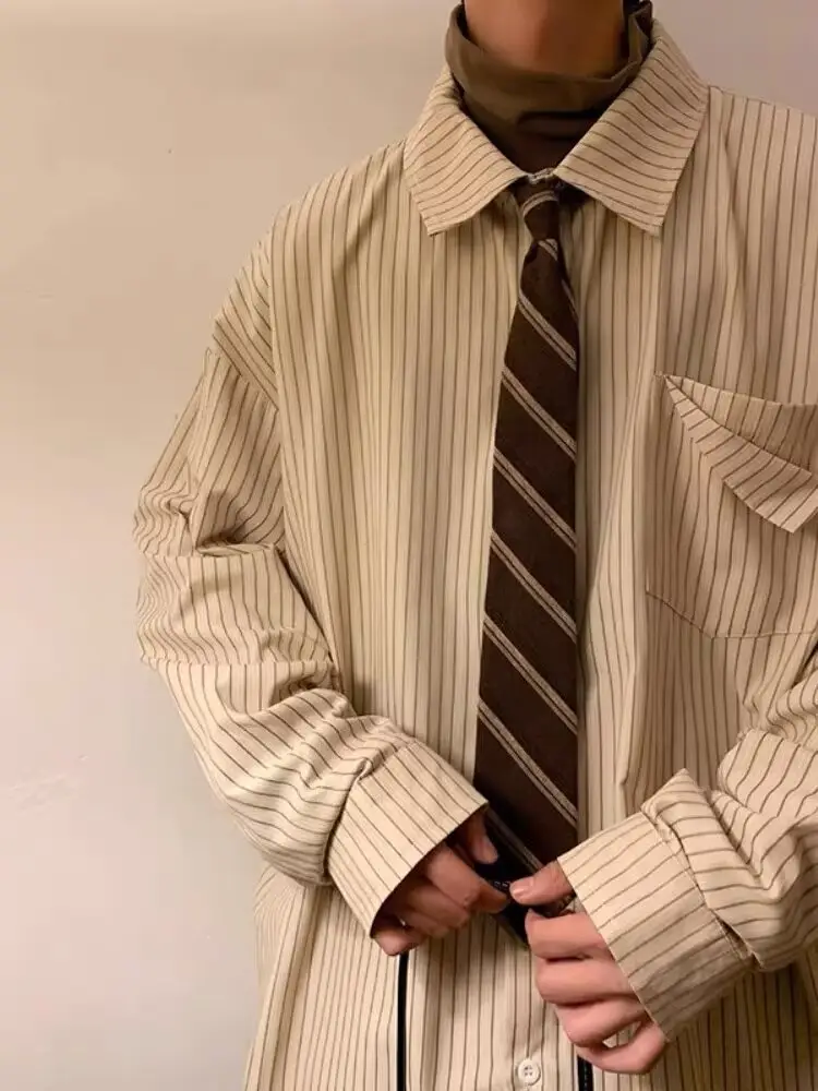 Men's Khaki Striped Japanese Style Shirt with Retro Jacket — feature 2