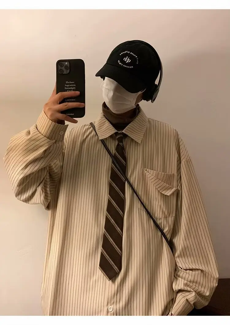 Men's Khaki Striped Japanese Style Shirt with Retro Jacket — feature 3