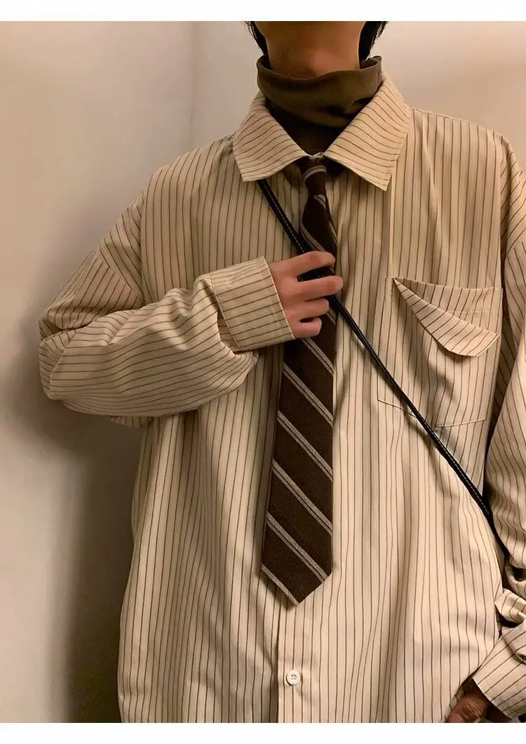 Men's Khaki Striped Japanese Style Shirt with Retro Jacket — feature 4