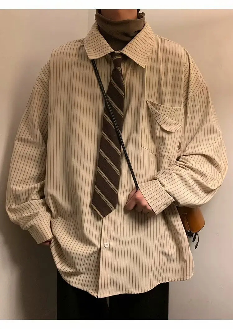 Men's Khaki Striped Japanese Style Shirt with Retro Jacket — feature 5