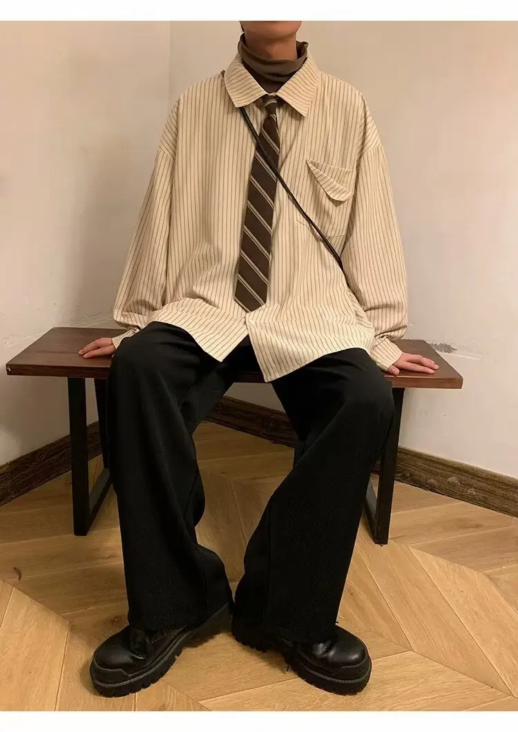 Men's Khaki Striped Japanese Style Shirt with Retro Jacket — feature 6