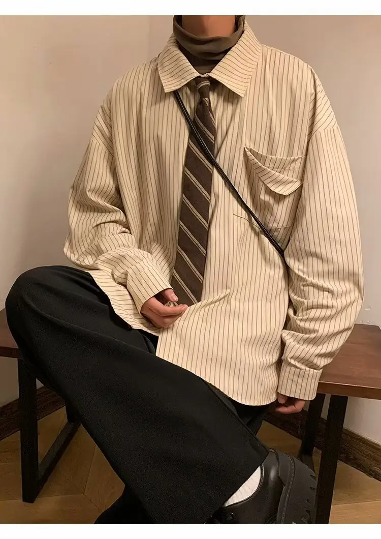 Men's Khaki Striped Japanese Style Shirt with Retro Jacket — feature 7