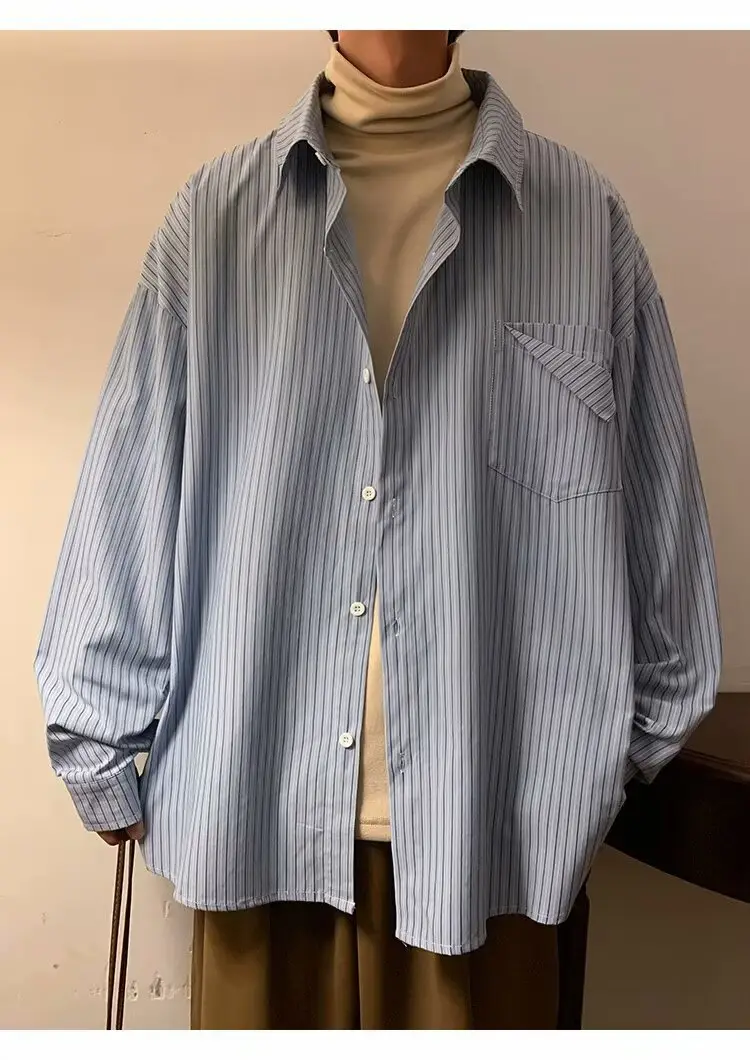 Men's Khaki Striped Japanese Style Shirt with Retro Jacket — feature 8